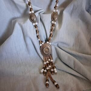 Vintage Bolo Tie Necklace Beaded Silver Gold Indigenous American Style Handmade